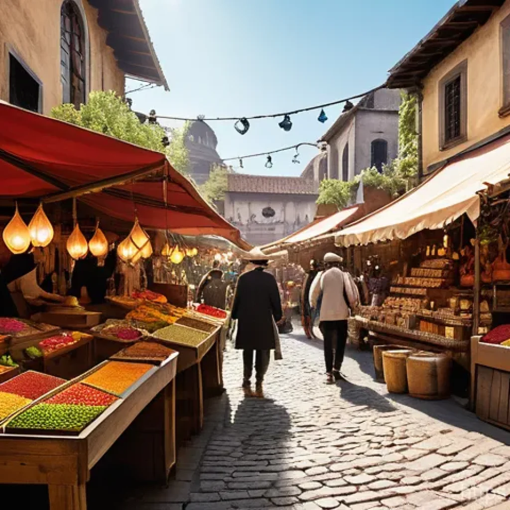세븐나이츠 상점 할인 이벤트 정보 - **A Vibrant Fantasy Market of Hidden Wonders**
A bustling, sun-drenched fantasy market square, v...