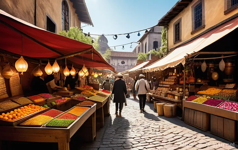 세븐나이츠 상점 할인 이벤트 정보 - **A Vibrant Fantasy Market of Hidden Wonders**
A bustling, sun-drenched fantasy market square, v...