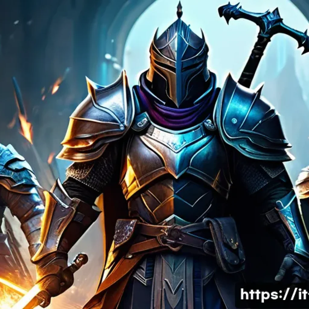 세븐나이츠 캐릭터 성장법 - A dynamic fantasy RPG team battle scene featuring a balanced group of heroes in detailed armor and f...