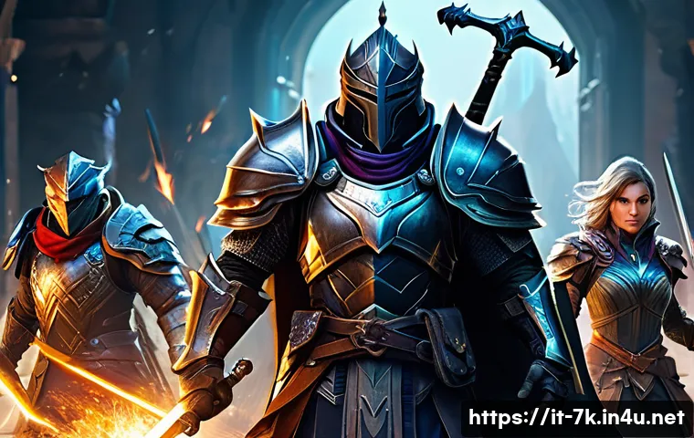세븐나이츠 캐릭터 성장법 - A dynamic fantasy RPG team battle scene featuring a balanced group of heroes in detailed armor and f...