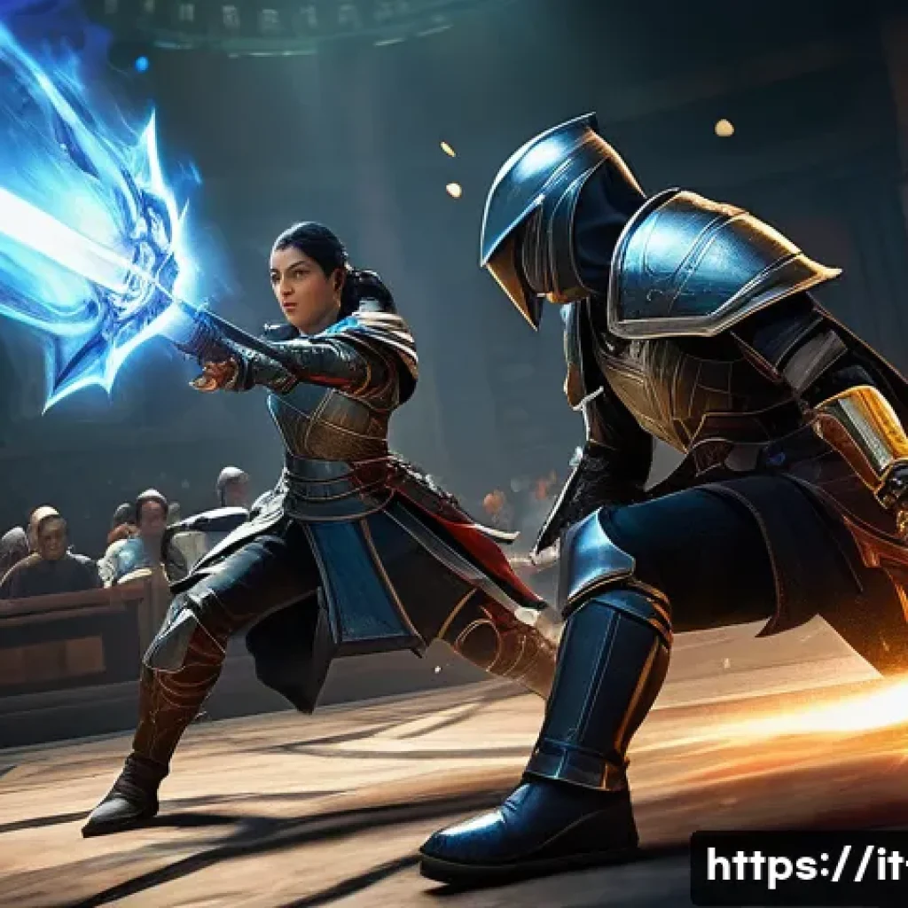 세븐나이츠 캐릭터 인기 순위 - A dynamic battle scene in a fantasy arena featuring a highly detailed female assassin character name...