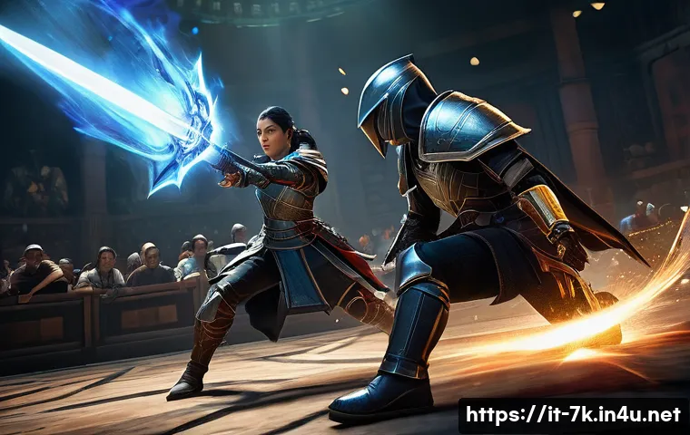 세븐나이츠 캐릭터 인기 순위 - A dynamic battle scene in a fantasy arena featuring a highly detailed female assassin character name...