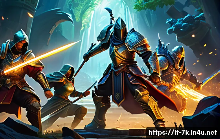 세븐나이츠 정기 업데이트 일정 - A dynamic battle scene from a fantasy RPG game featuring a diverse team of heroes in detailed armor ...
