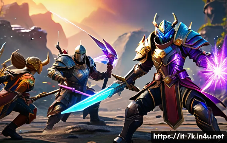 세븐나이츠 패치노트 리뷰 - A dynamic fantasy battle scene featuring a diverse team of heroes combining their unique synergistic...