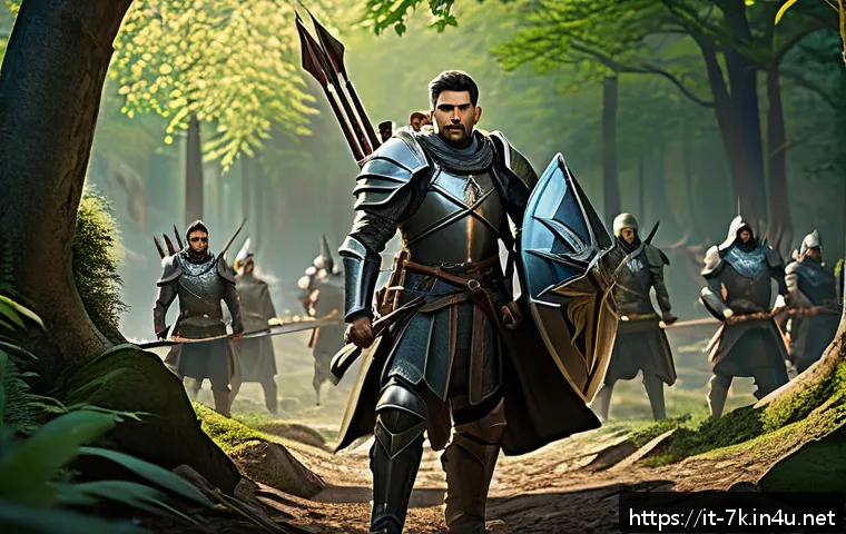 세븐나이츠 실시간 대전 승률 높이는 법 - A dynamic battle scene featuring a well-balanced fantasy RPG team in a lush, detailed battlefield. T...