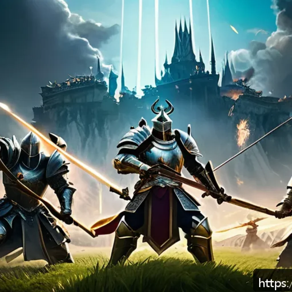 세븐나이츠 커뮤니티 활용법 - A dynamic fantasy battle scene featuring a diverse team of heroes from Seven Knights, including a he...