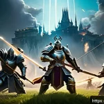 세븐나이츠 커뮤니티 활용법 - A dynamic fantasy battle scene featuring a diverse team of heroes from Seven Knights, including a he...