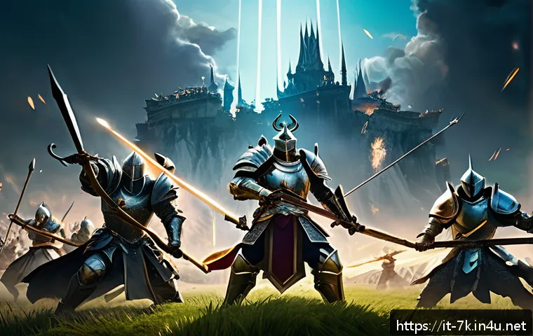 세븐나이츠 커뮤니티 활용법 - A dynamic fantasy battle scene featuring a diverse team of heroes from Seven Knights, including a he...