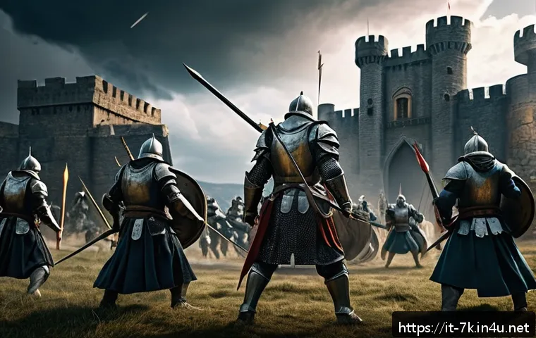 세븐나이츠 공성전 전략 - A dynamic battle scene during a siege in a fantasy medieval setting, featuring a balanced team compo...